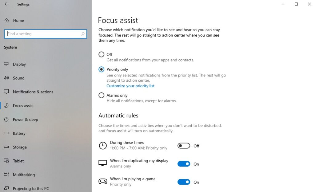 Focus assist to Turn Off Windows 10 Notifications