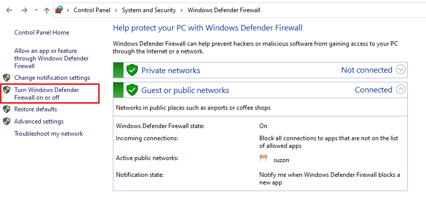 how to turn off local firewall windows 10