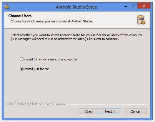 Android Studio Setup Choose User Option